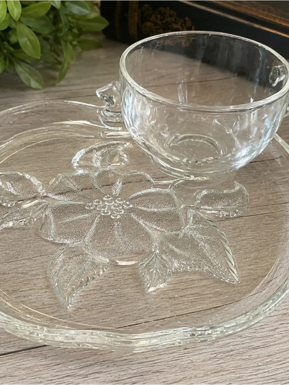 Vintage Clear Glass Apple Shaped Snack Tray & Cup Set Embossed Floral